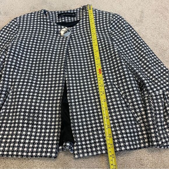 𝅺ZARA tweed plaid check black white bell sleeve jacket Sz M - Picture 13 of 15
